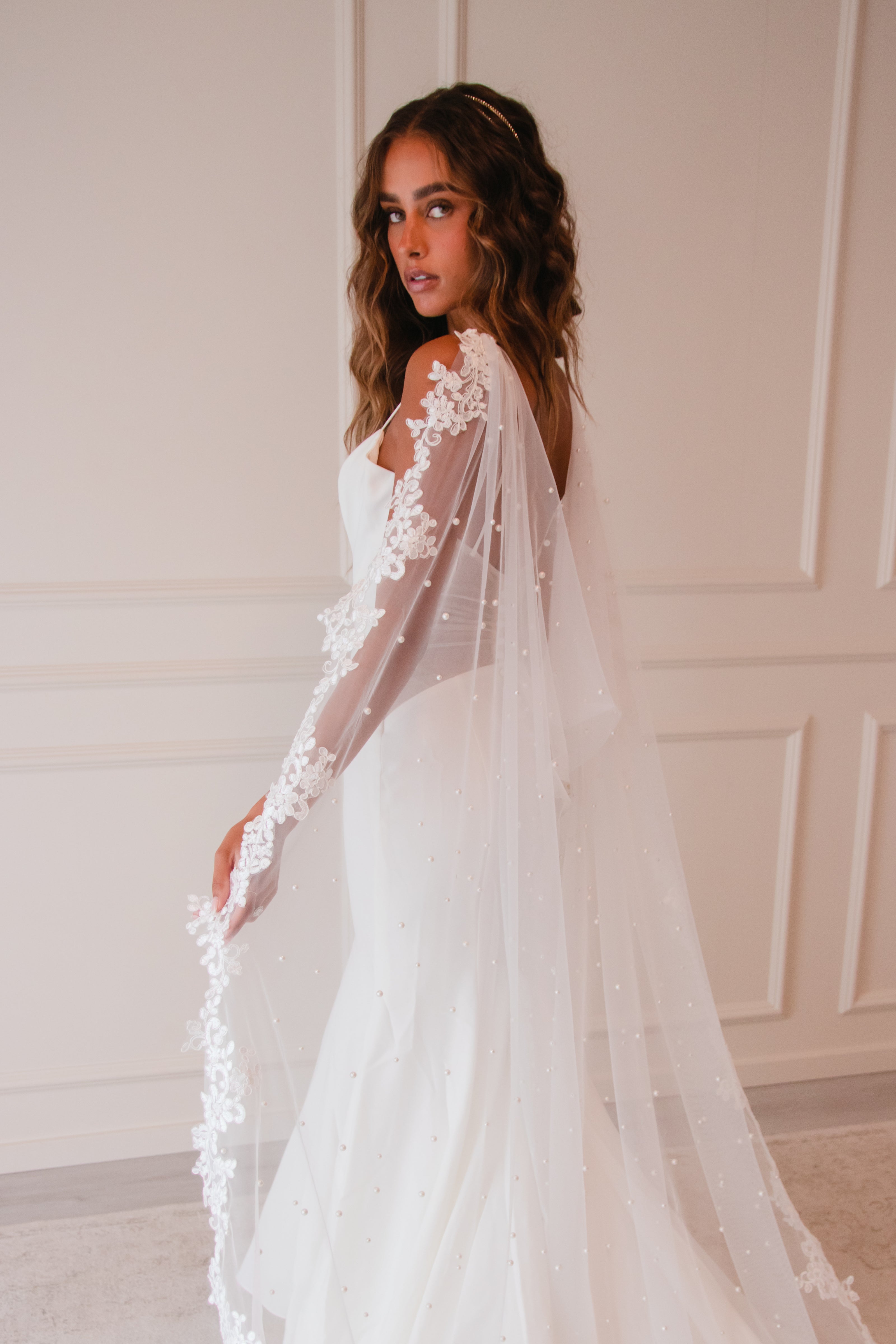 pearl veil with lace dress Cathedral pearl veil